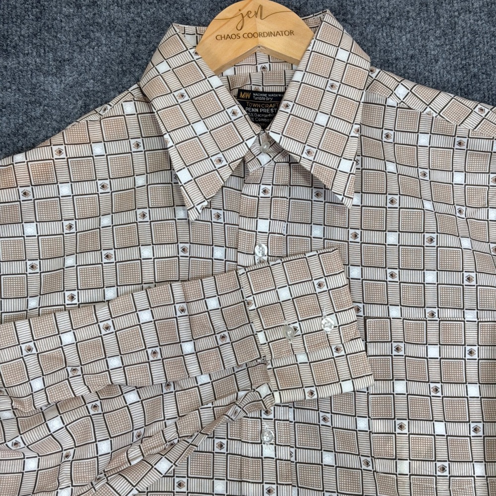 Towncraft Penn Prest J.C. Penney Shirt Men 16.5-33 Tan Geometric Vintage 70s NEW